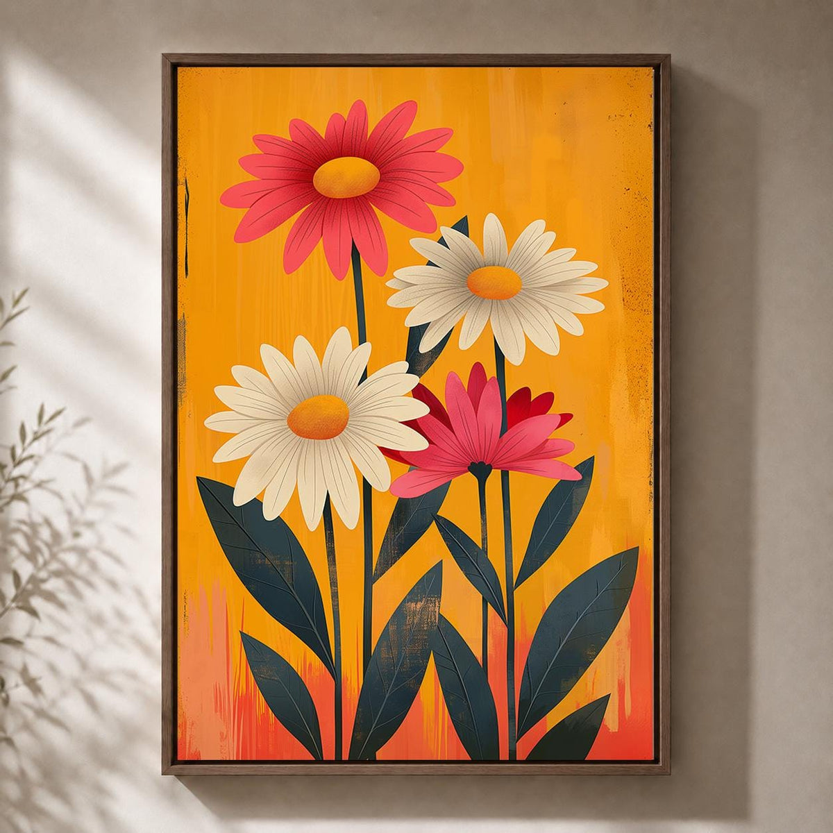 Retro Floral Framed Canvas Wall Art, 1960s Mod Daisy Print, Mid Century Botanical Decor by The Wall Art Studio - physical