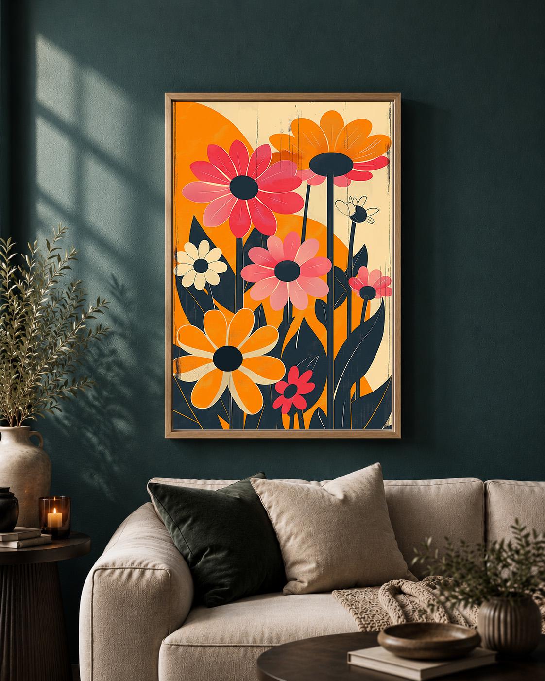 Retro Floral Framed Canvas Wall Art, 1960s Mod Daisy Print, Mid Century Botanical Decor by The Wall Art Studio - physical