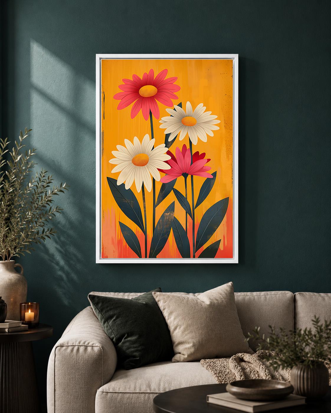 Retro Floral Framed Canvas Wall Art, 1960s Mod Daisy Print, Mid Century Botanical Decor by The Wall Art Studio - physical