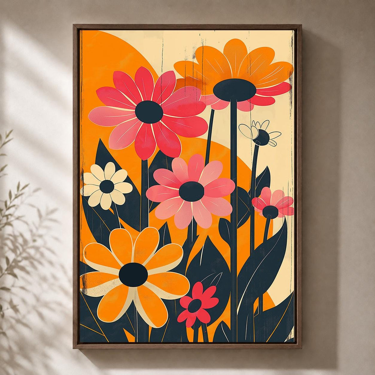 Retro Floral Framed Canvas Wall Art, 1960s Mod Daisy Print, Mid Century Botanical Decor by The Wall Art Studio - physical