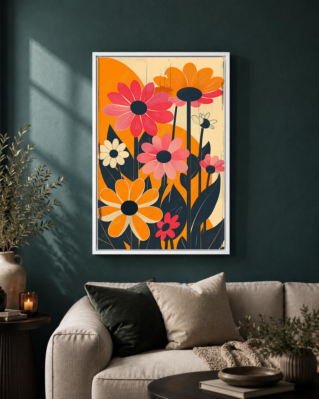 Retro Floral Framed Canvas Wall Art, 1960s Mod Daisy Print, Mid Century Botanical Decor by The Wall Art Studio - physical