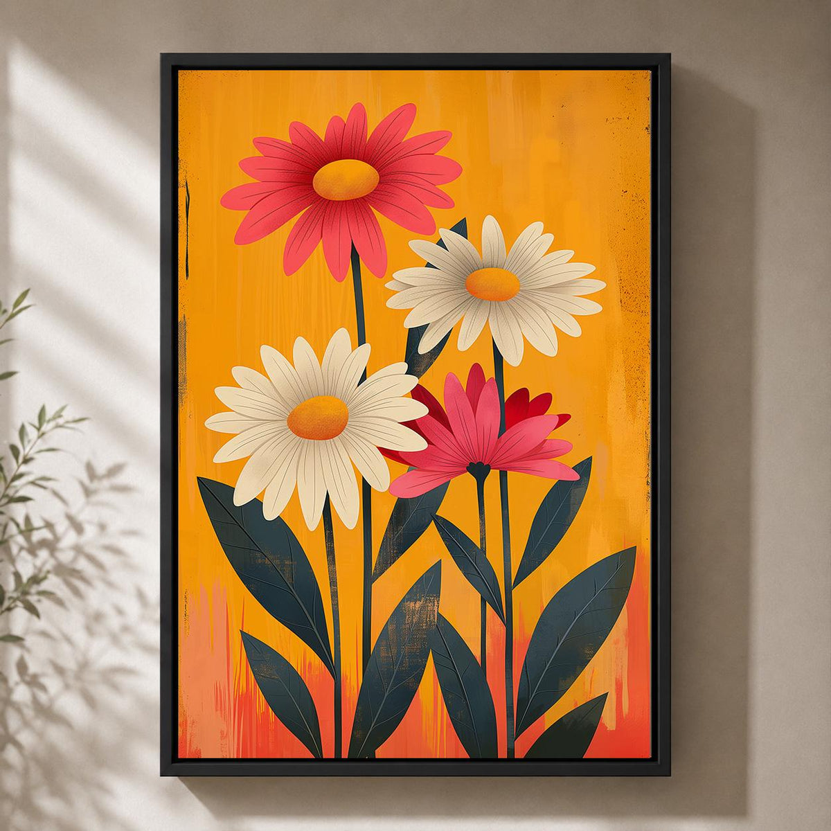 Retro Floral Framed Canvas Wall Art, 1960s Mod Daisy Print, Mid Century Botanical Decor by The Wall Art Studio - physical