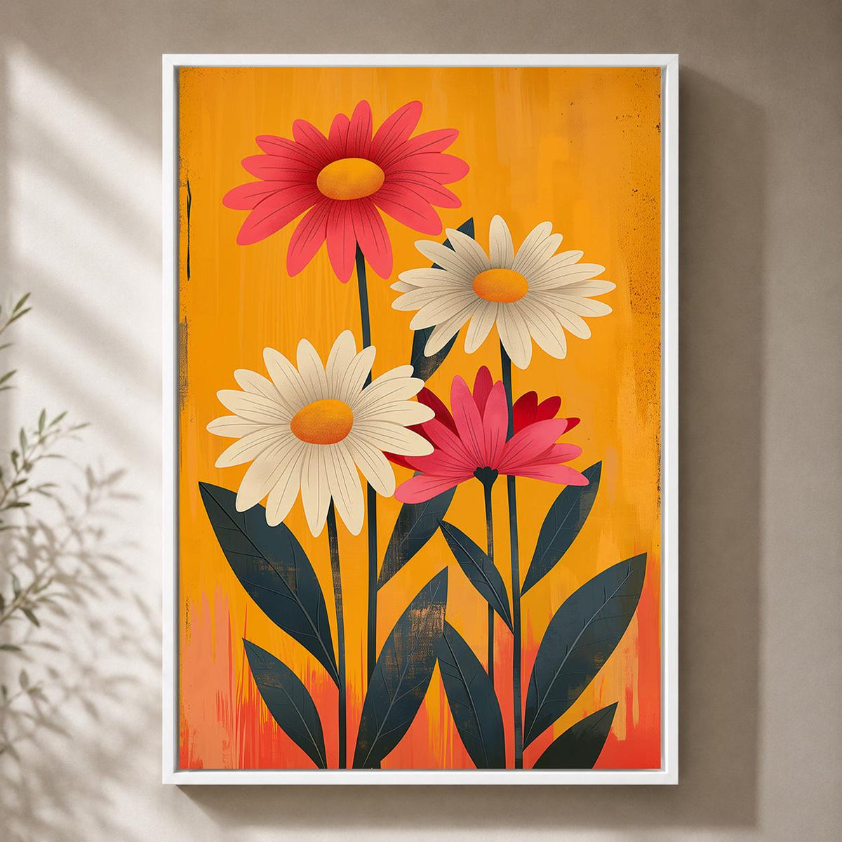 Retro Floral Framed Canvas Wall Art, 1960s Mod Daisy Print, Mid Century Botanical Decor by The Wall Art Studio - physical