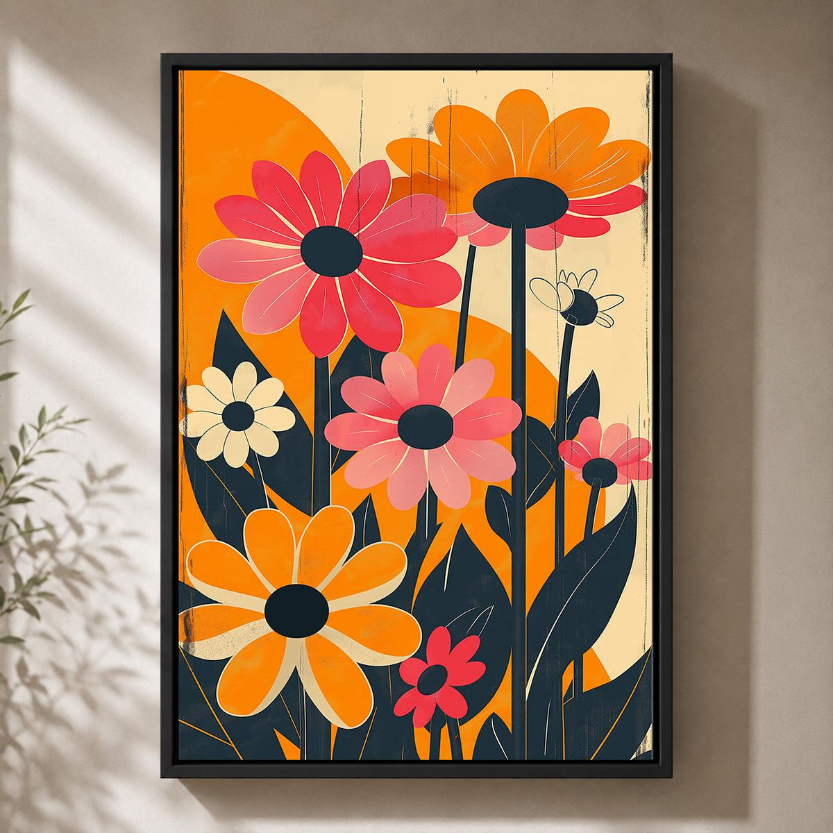 Retro Floral Framed Canvas Wall Art, 1960s Mod Daisy Print, Mid Century Botanical Decor by The Wall Art Studio - physical