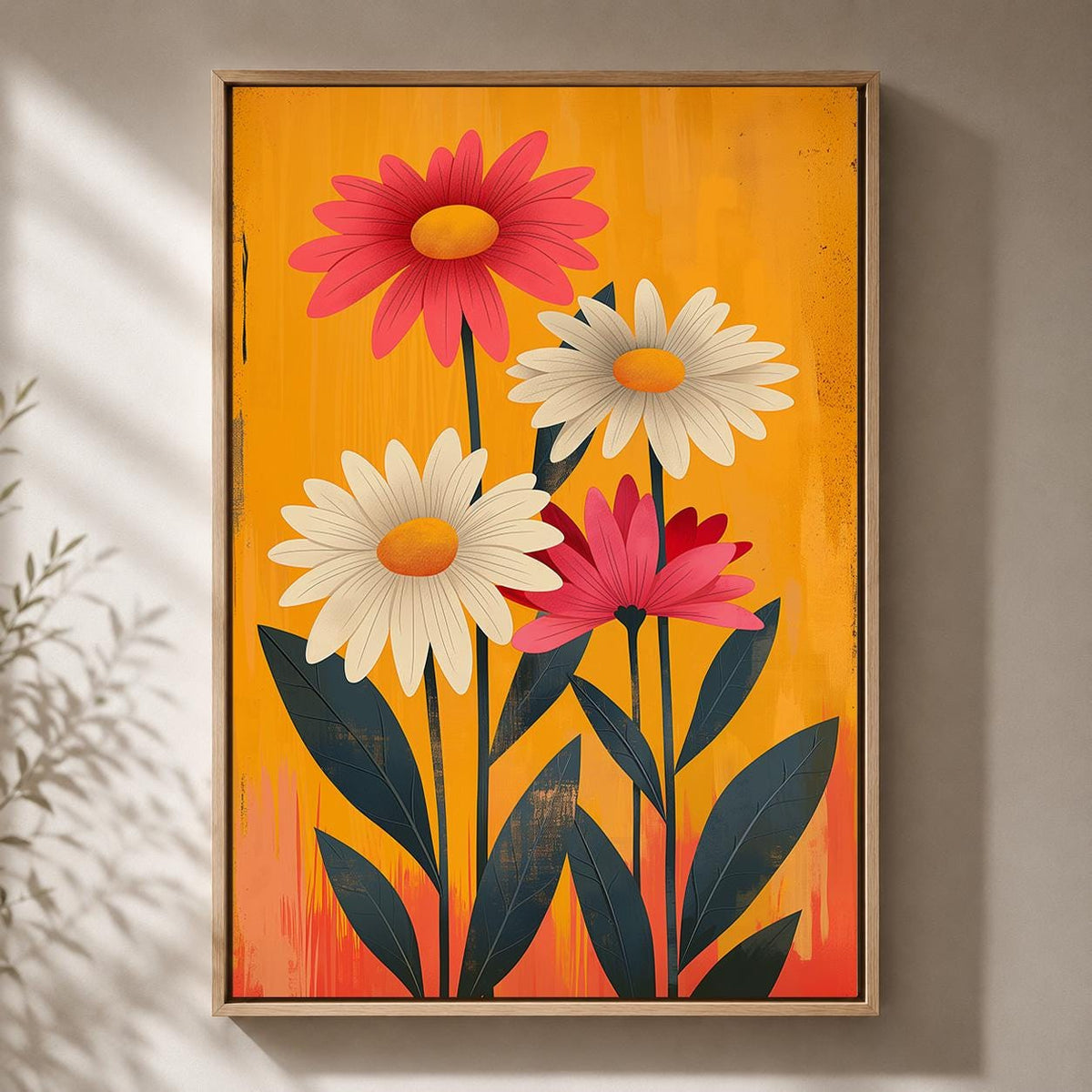 Retro Floral Framed Canvas Wall Art, 1960s Mod Daisy Print, Mid Century Botanical Decor by The Wall Art Studio - physical