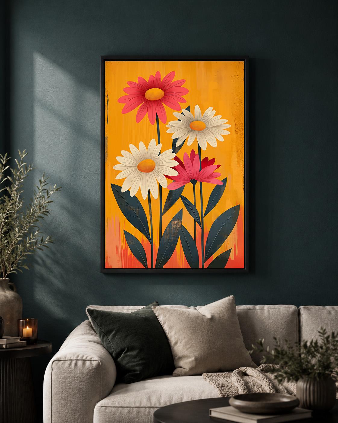 Retro Floral Framed Canvas Wall Art, 1960s Mod Daisy Print, Mid Century Botanical Decor by The Wall Art Studio - physical