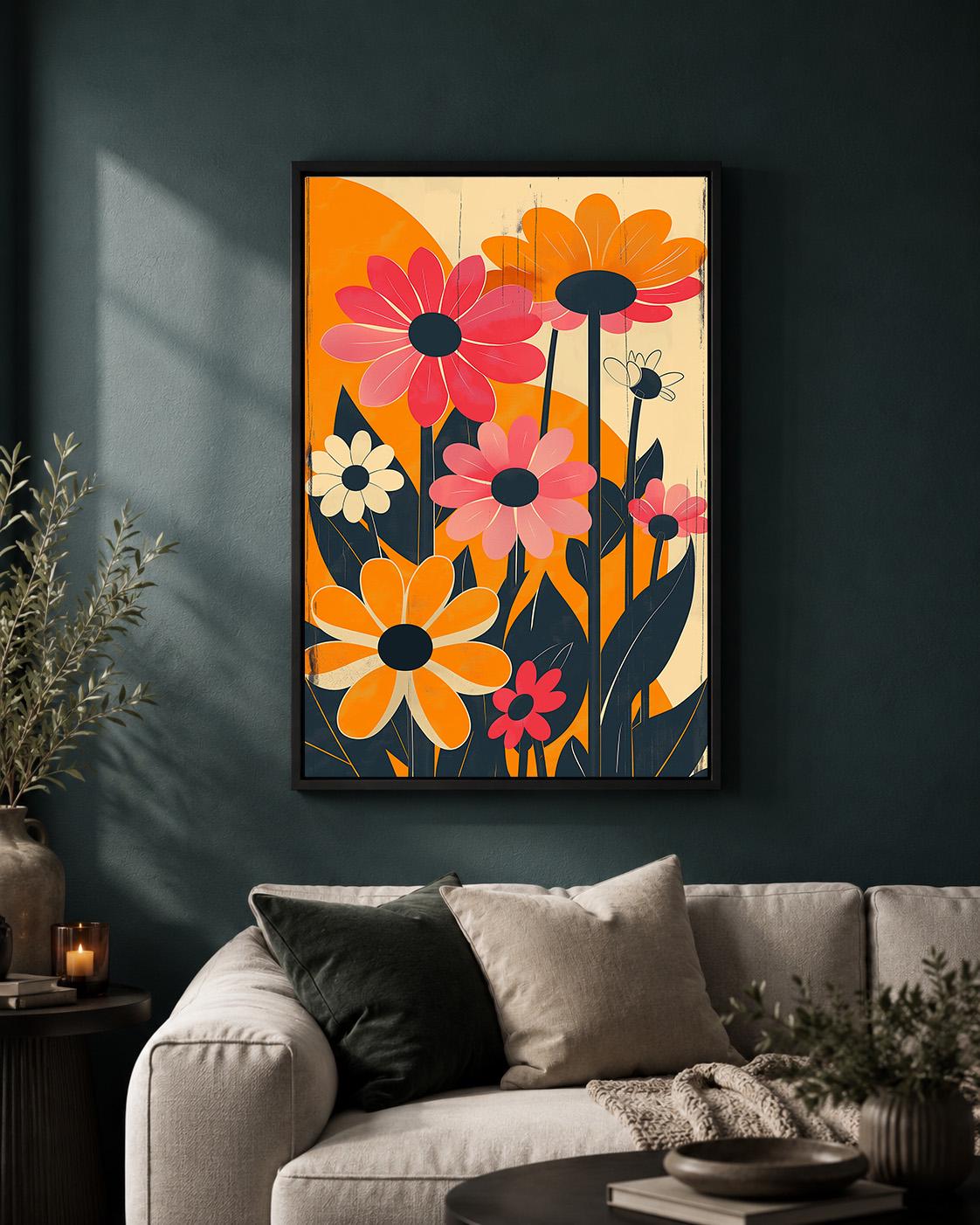 Retro Floral Framed Canvas Wall Art, 1960s Mod Daisy Print, Mid Century Botanical Decor by The Wall Art Studio - physical