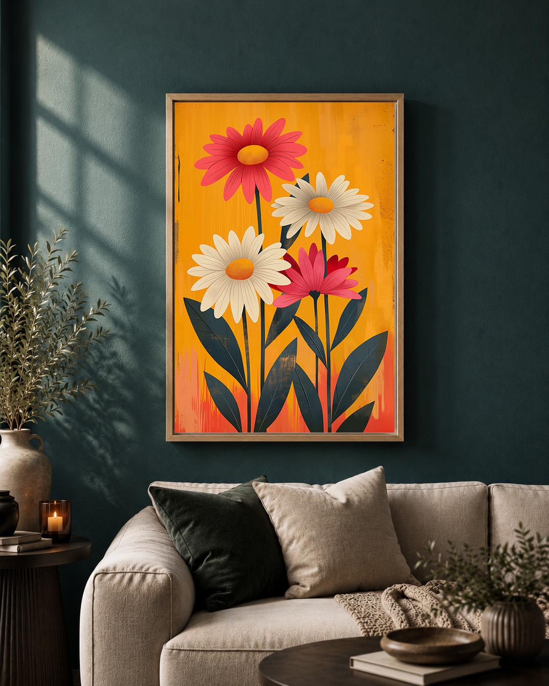 Retro Floral Framed Canvas Wall Art, 1960s Mod Daisy Print, Mid Century Botanical Decor by The Wall Art Studio - physical
