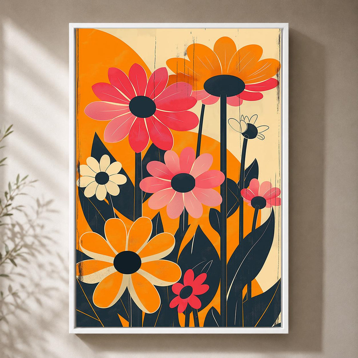 Retro Floral Framed Canvas Wall Art, 1960s Mod Daisy Print, Mid Century Botanical Decor by The Wall Art Studio - physical