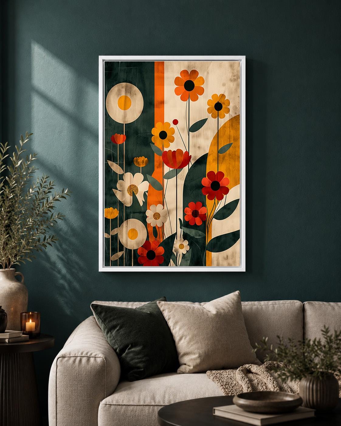 Retro Floral Framed Canvas Wall Art, Mid Century Modern Botanical Print, Scandinavian Artwork by The Wall Art Studio - phy...