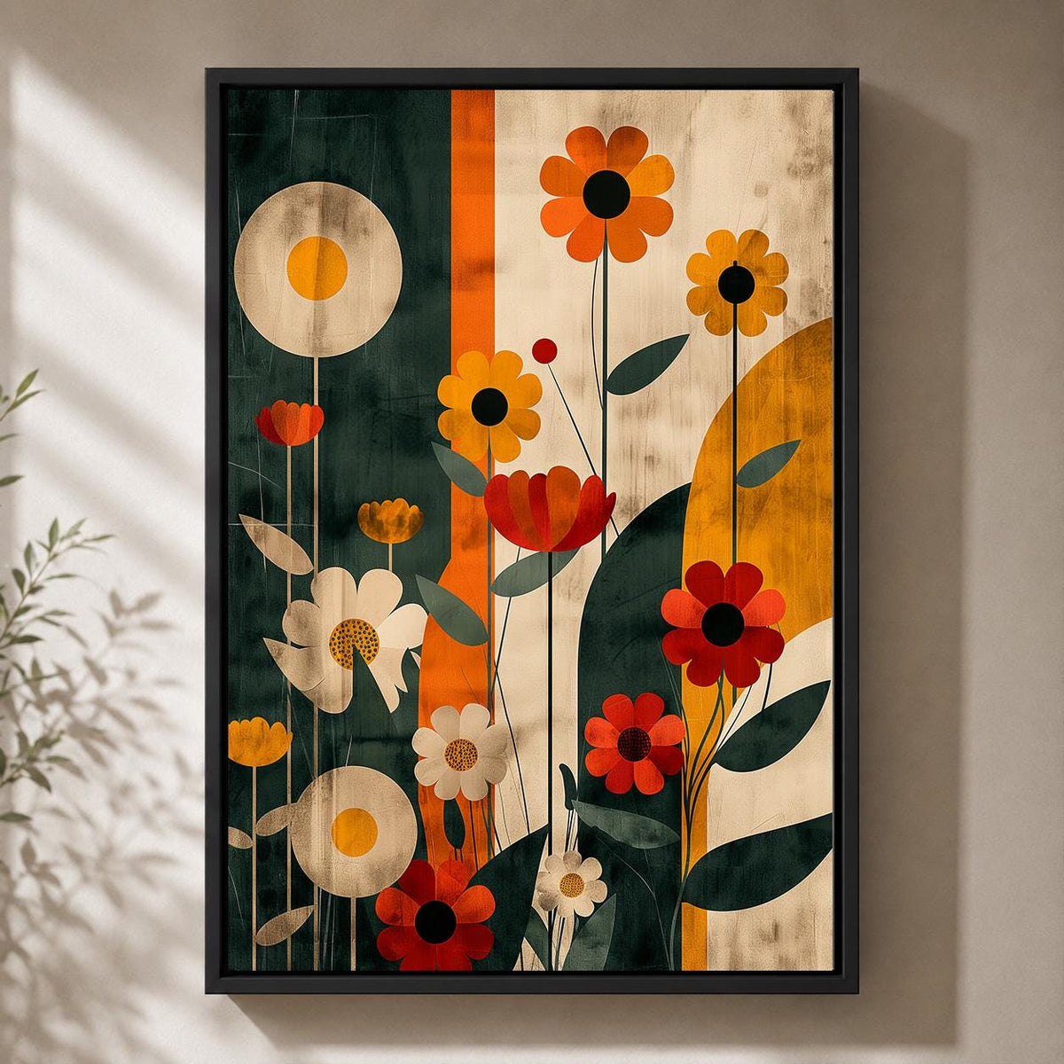 Retro Floral Framed Canvas Wall Art, Mid Century Modern Botanical Print, Scandinavian Artwork by The Wall Art Studio - phy...