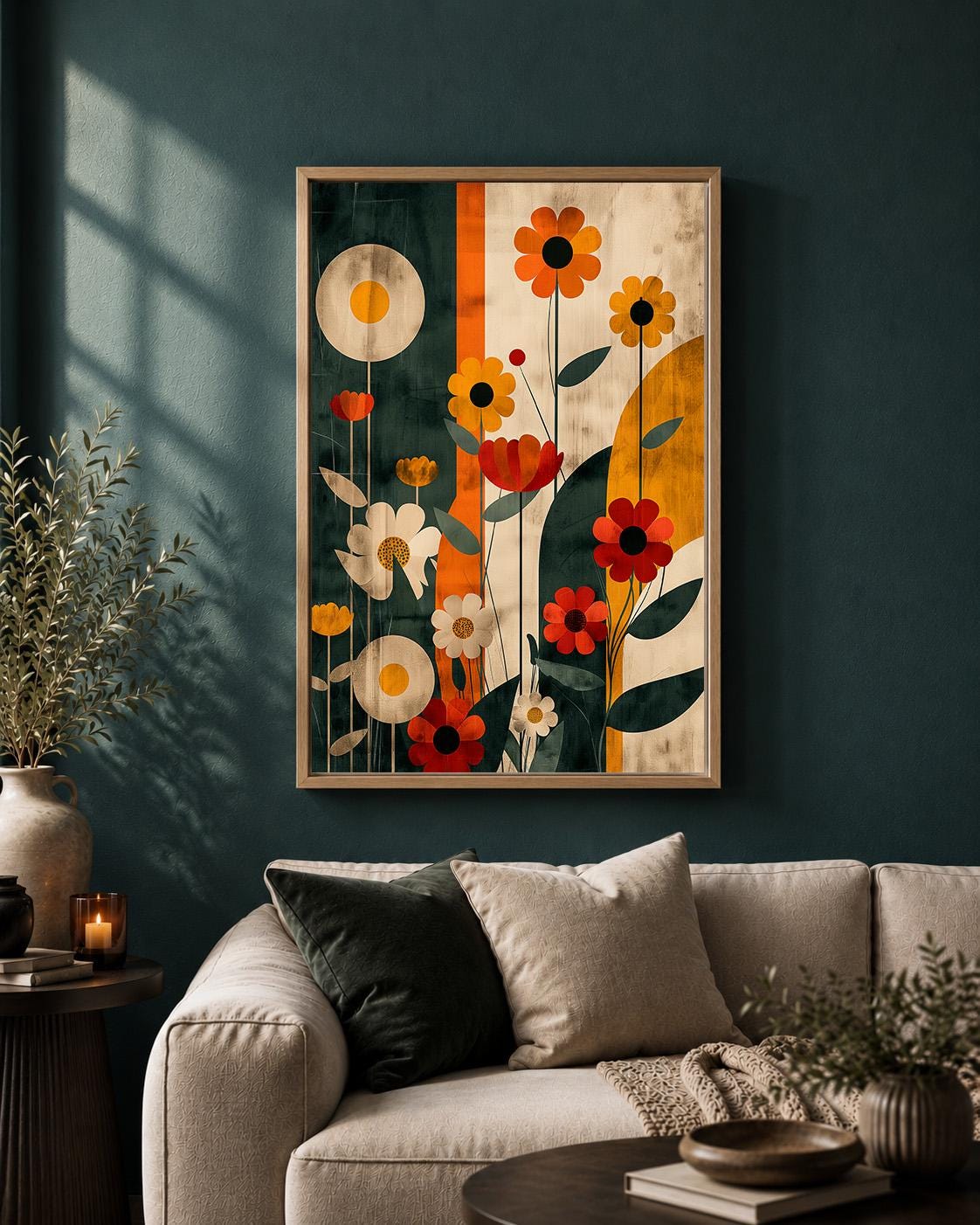 Retro Floral Framed Canvas Wall Art, Mid Century Modern Botanical Print, Scandinavian Artwork by The Wall Art Studio - phy...