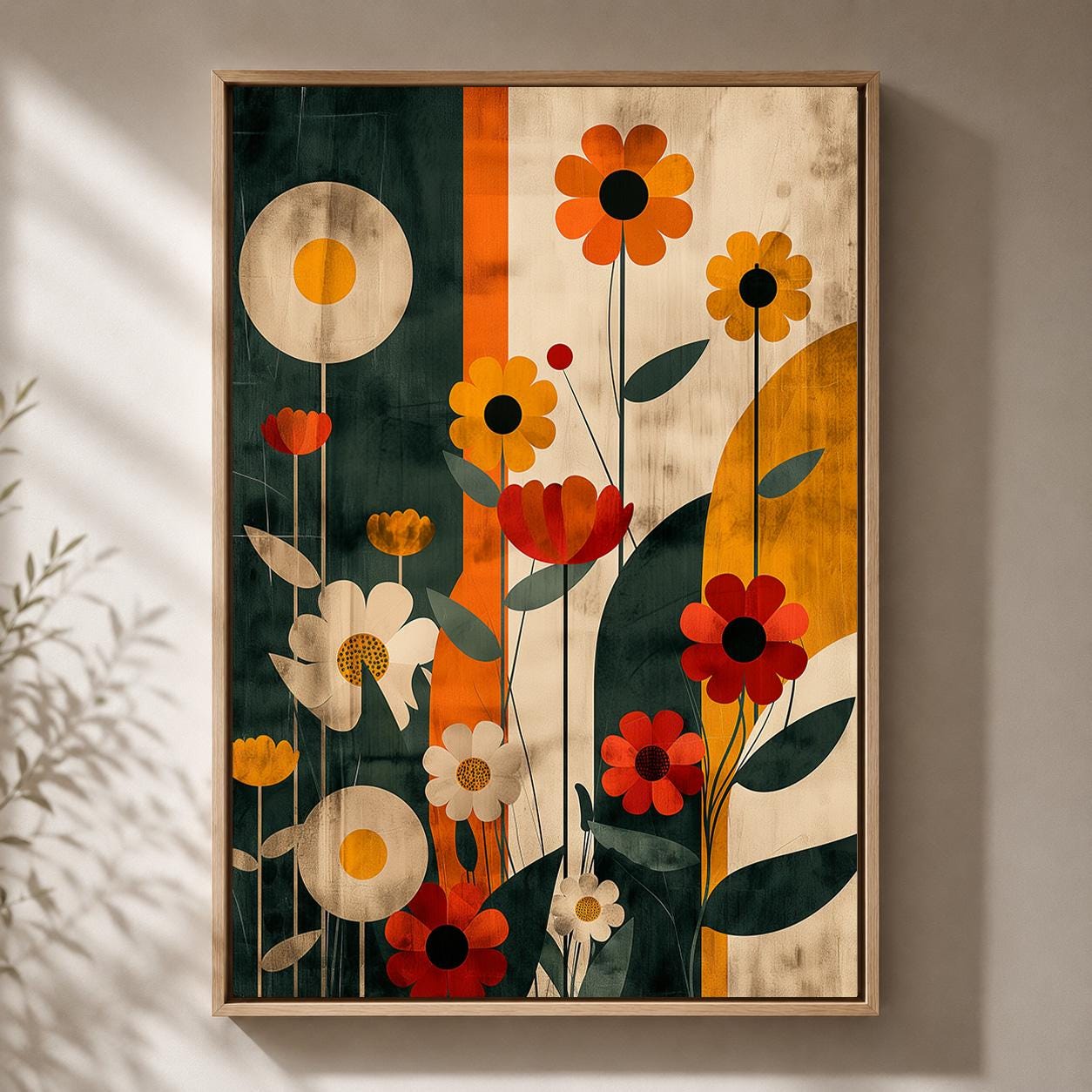 Retro Floral Framed Canvas Wall Art, Mid Century Modern Botanical Print, Scandinavian Artwork by The Wall Art Studio - phy...
