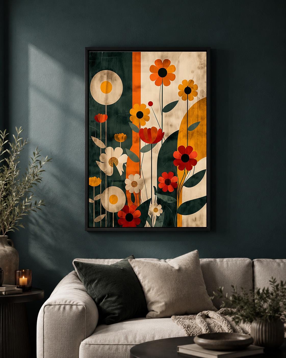 Retro Floral Framed Canvas Wall Art, Mid Century Modern Botanical Print, Scandinavian Artwork by The Wall Art Studio - phy...