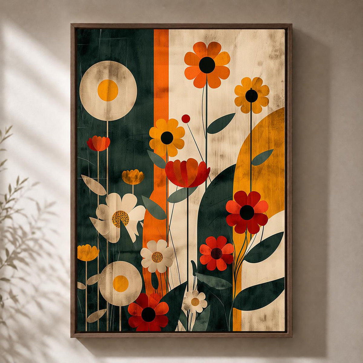 Retro Floral Framed Canvas Wall Art, Mid Century Modern Botanical Print, Scandinavian Artwork by The Wall Art Studio - phy...