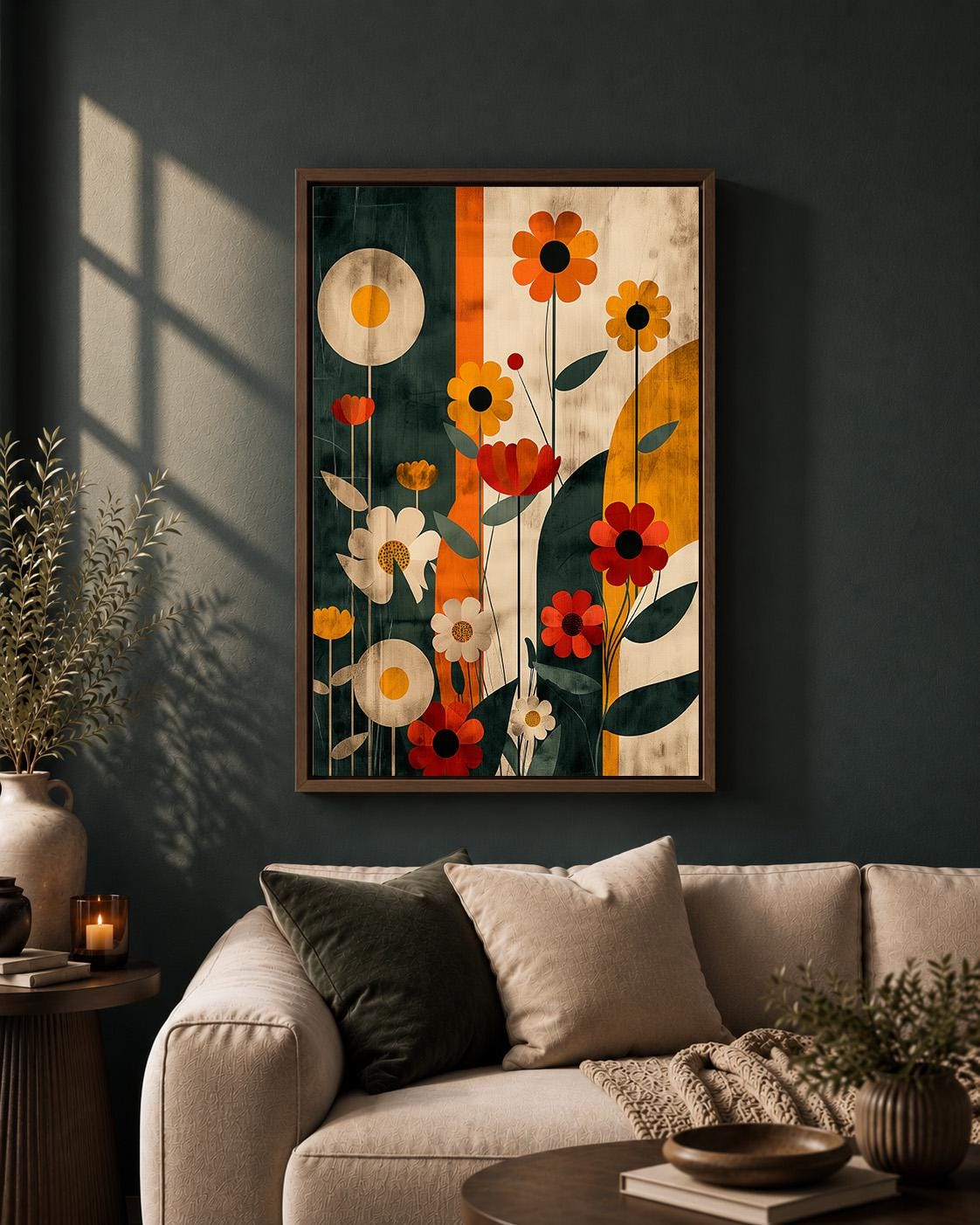 Retro Floral Framed Canvas Wall Art, Mid Century Modern Botanical Print, Scandinavian Artwork by The Wall Art Studio - phy...