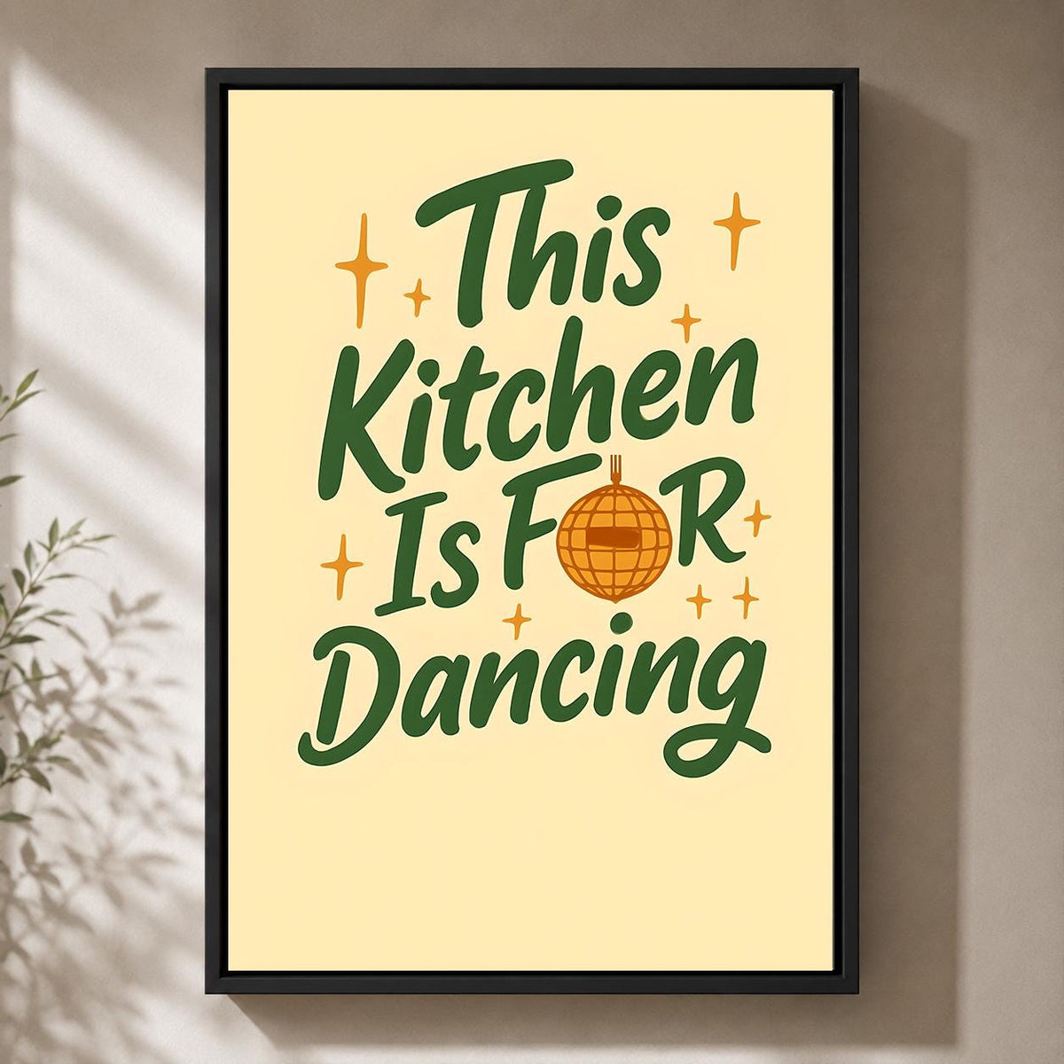 Retro Kitchen Dancing Quote Framed Canvas Art, Funky Typography Disco Decor by The Wall Art Studio - physical