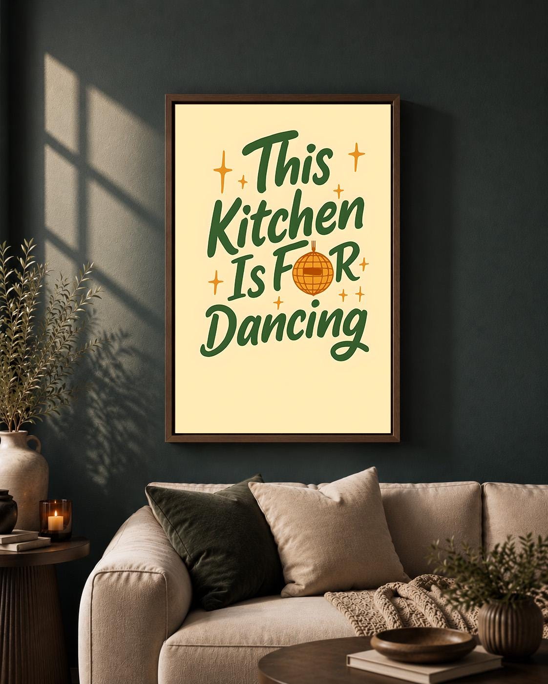 Retro Kitchen Dancing Quote Framed Canvas Art, Funky Typography Disco Decor by The Wall Art Studio - physical