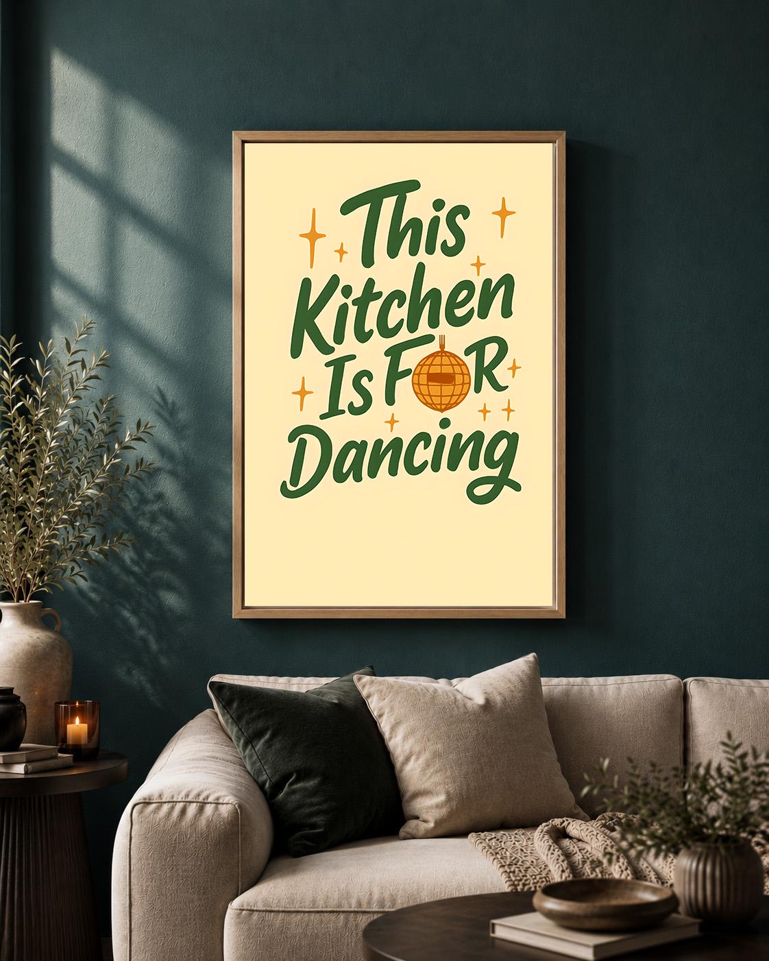 Retro Kitchen Dancing Quote Framed Canvas Art, Funky Typography Disco Decor by The Wall Art Studio - physical