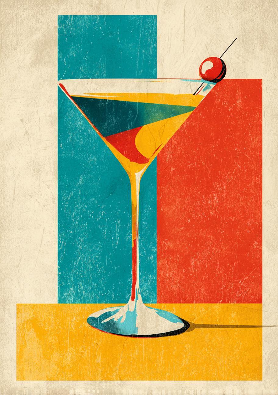 Retro Kitchen Print | Martini Wall Art | Vintage | Wine Print Wall | Retro Wine Wall Art Print | Mid-Century Modern Kitche...