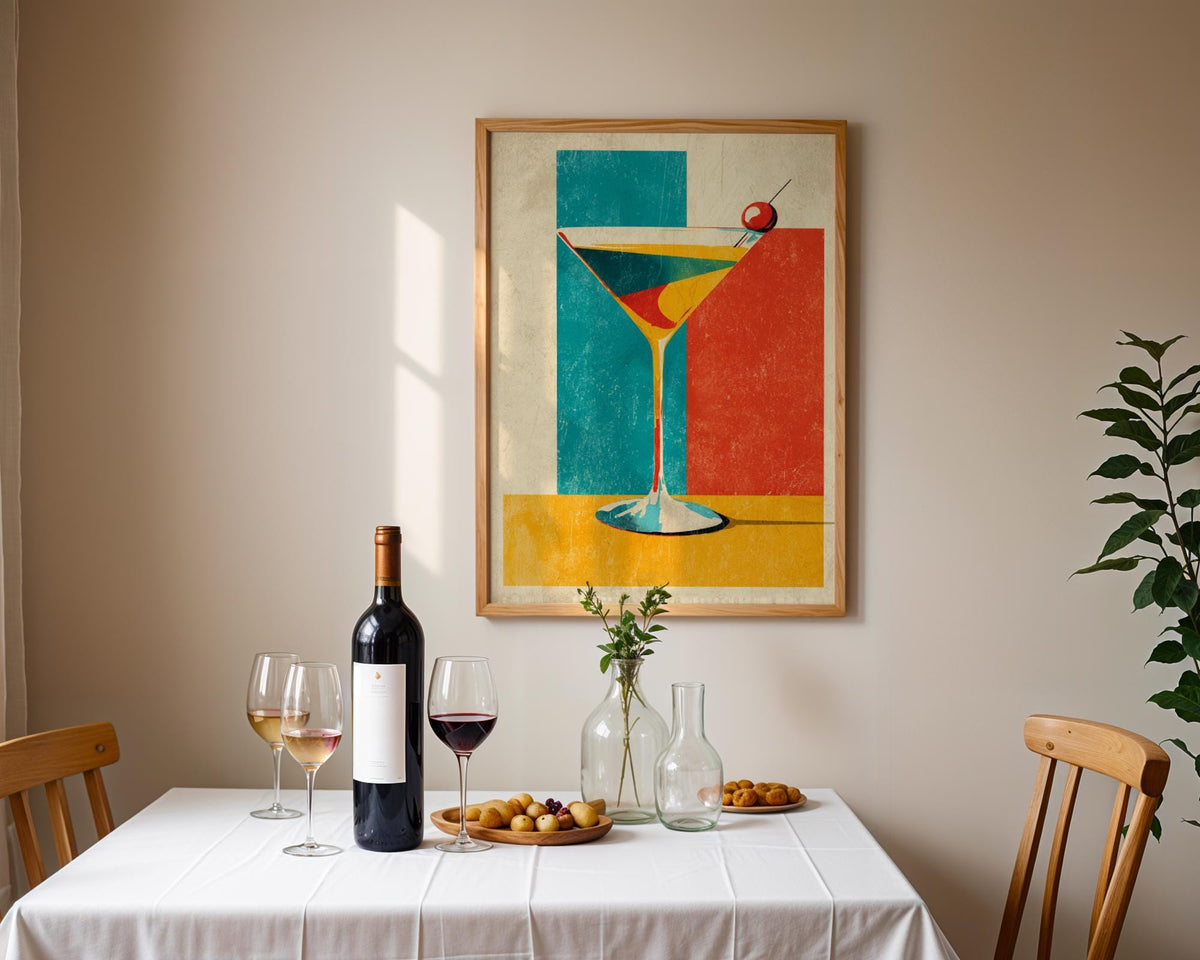 Retro Kitchen Print | Martini Wall Art | Vintage | Wine Print Wall | Retro Wine Wall Art Print | Mid-Century Modern Kitche...