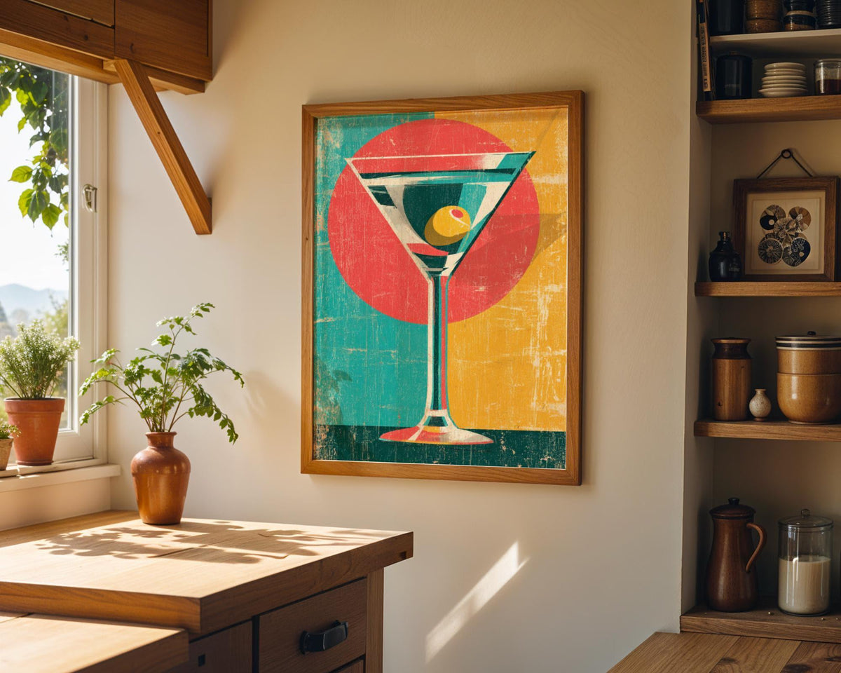 Retro Kitchen Print | Martini Wall Art | Vintage | Wine Print Wall | Retro Wine Wall Art Print | Mid-Century Modern Kitche...