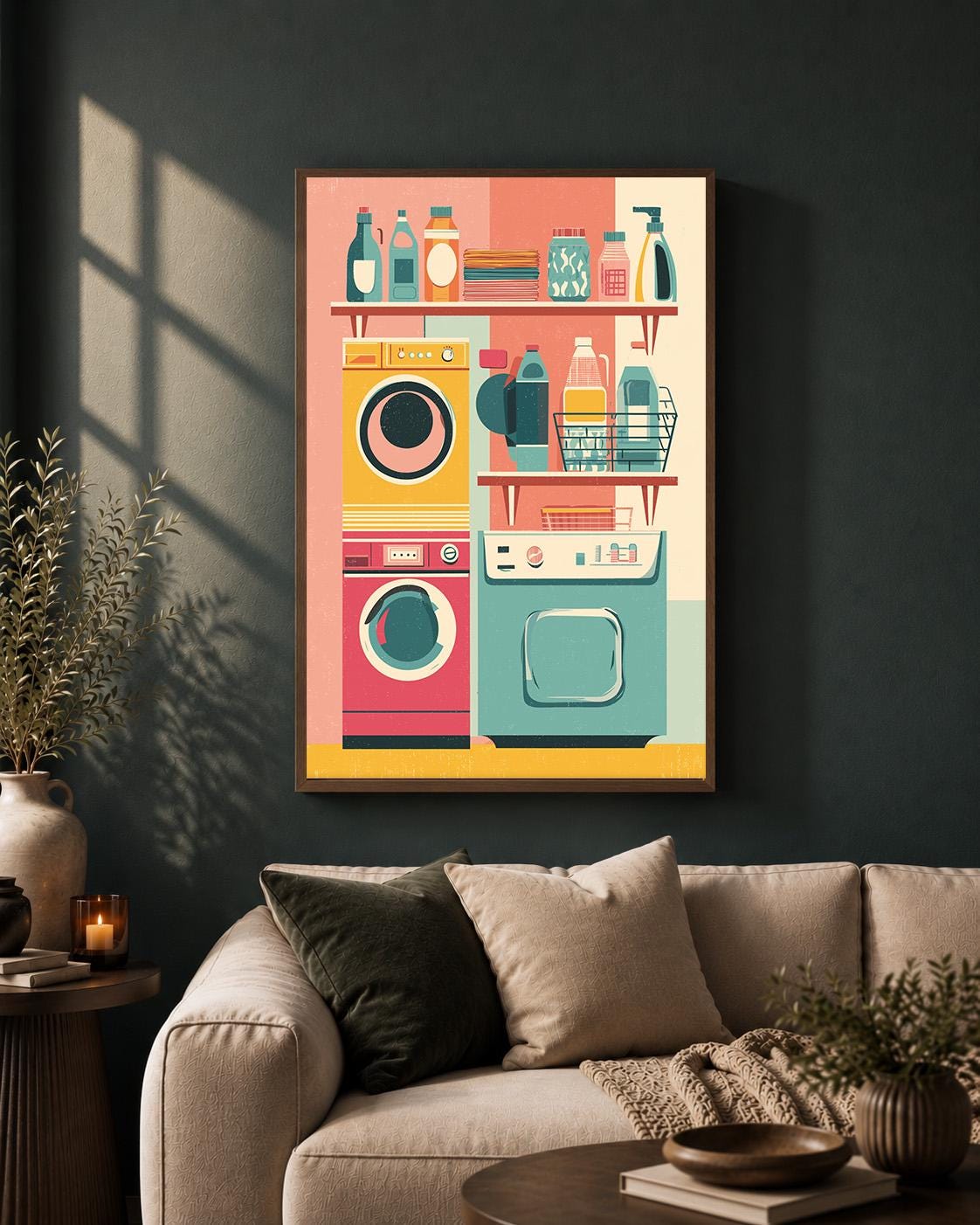 Retro Laundry Room Framed Canvas Art, Mid Century Modern Print, Colorful Utility Decor by The Wall Art Studio - physical