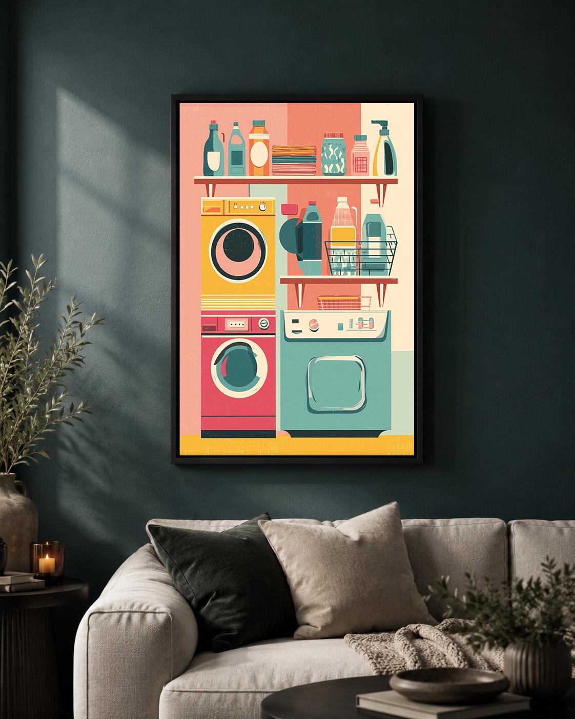 Retro Laundry Room Framed Canvas Art, Mid Century Modern Print, Colorful Utility Decor by The Wall Art Studio - physical
