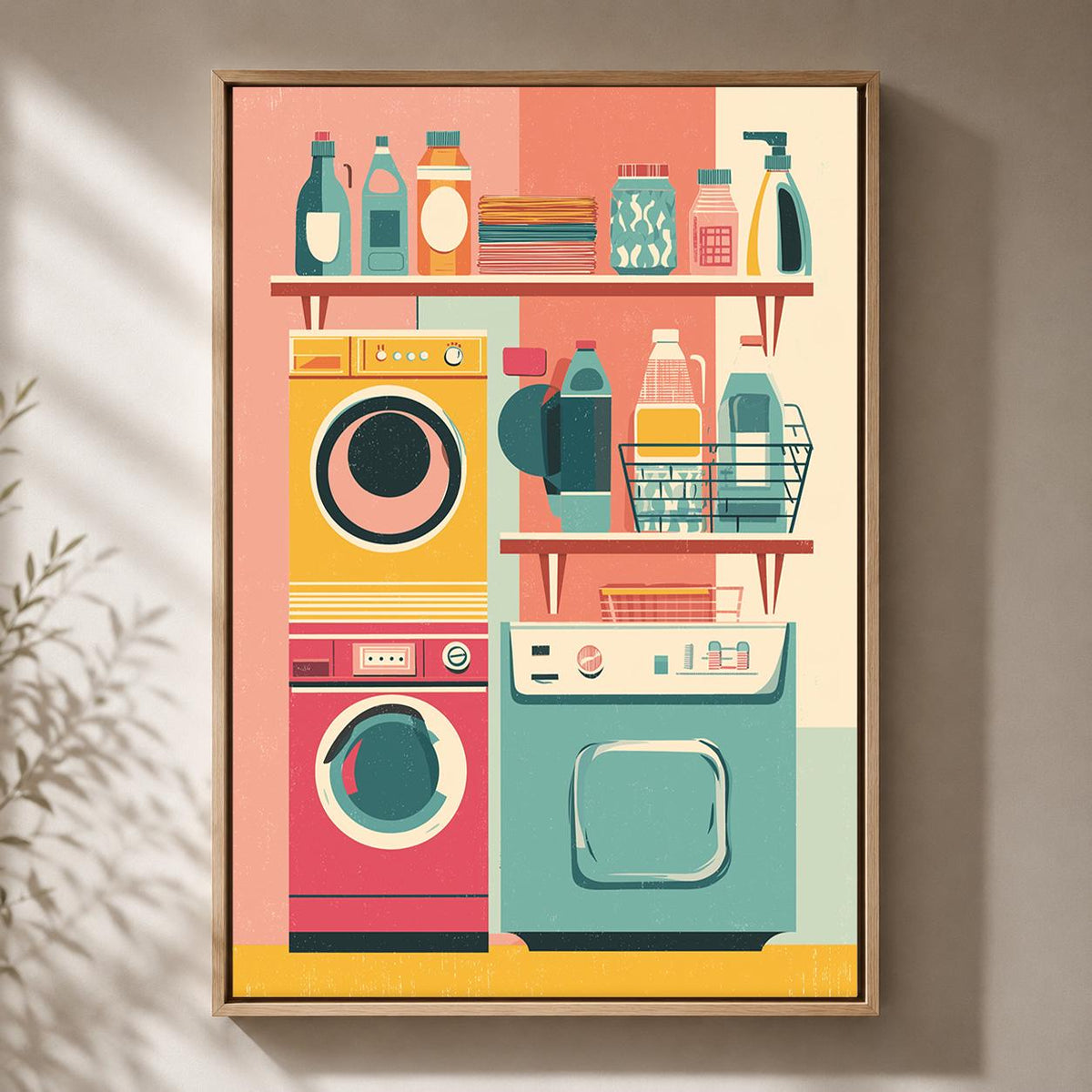 Retro Laundry Room Framed Canvas Art, Mid Century Modern Print, Colorful Utility Decor by The Wall Art Studio - physical