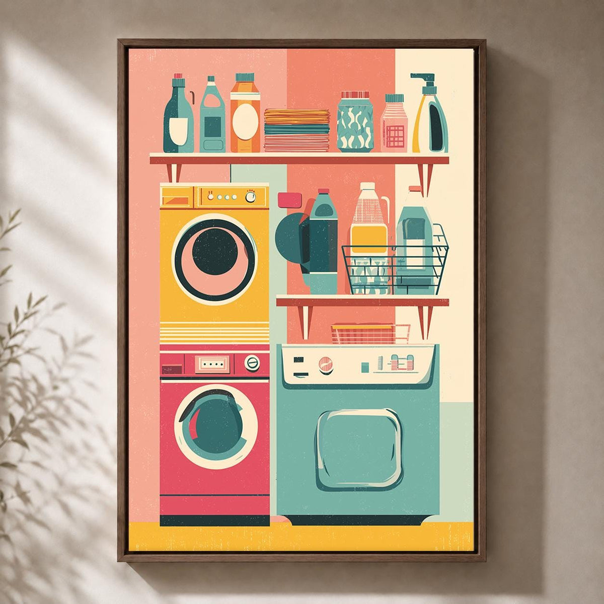 Retro Laundry Room Framed Canvas Art, Mid Century Modern Print, Colorful Utility Decor by The Wall Art Studio - physical