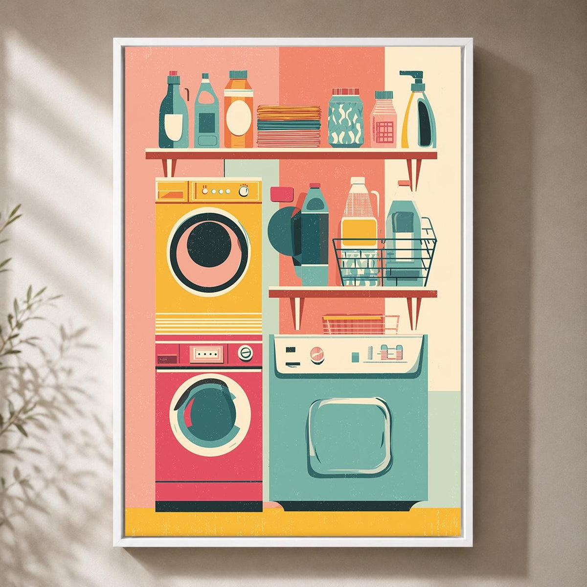 Retro Laundry Room Framed Canvas Art, Mid Century Modern Print, Colorful Utility Decor by The Wall Art Studio - physical