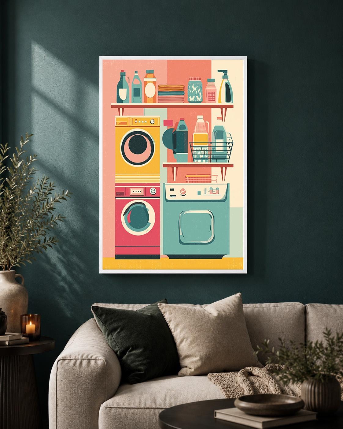 Retro Laundry Room Framed Canvas Art, Mid Century Modern Print, Colorful Utility Decor by The Wall Art Studio - physical