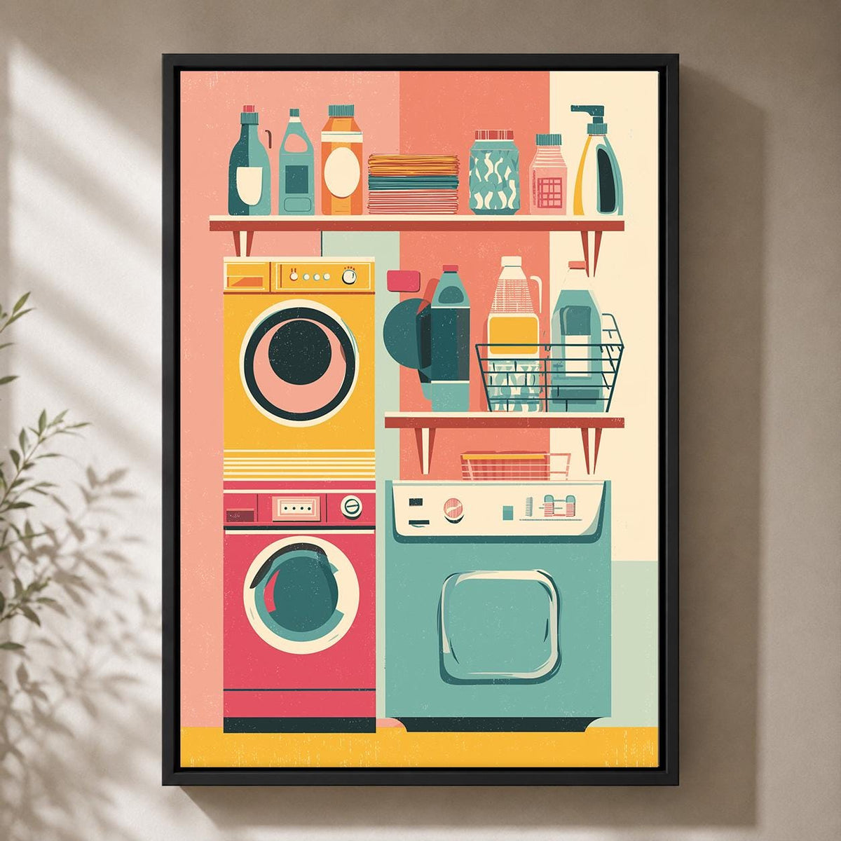 Retro Laundry Room Framed Canvas Art, Mid Century Modern Print, Colorful Utility Decor by The Wall Art Studio - physical