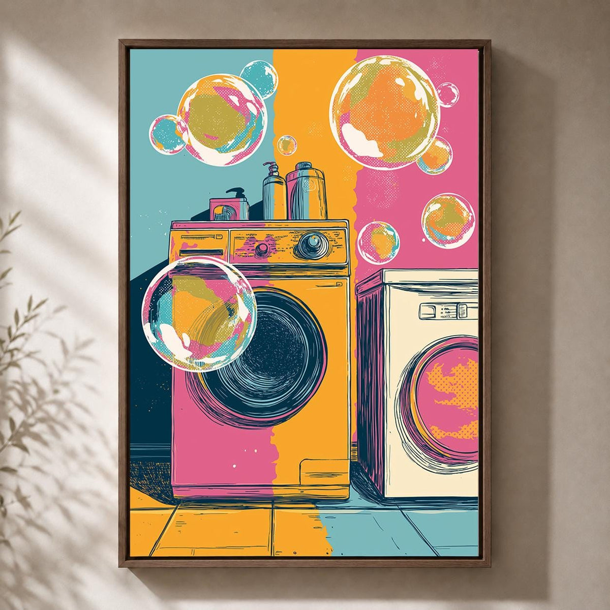 Retro Laundry Room Framed Canvas Art, Vintage Washing Machine Pop Art Print by The Wall Art Studio - physical
