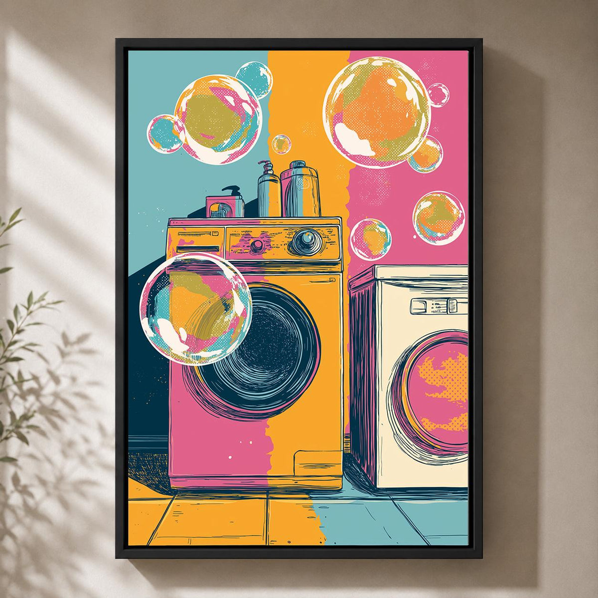 Retro Laundry Room Framed Canvas Art, Vintage Washing Machine Pop Art Print by The Wall Art Studio - physical