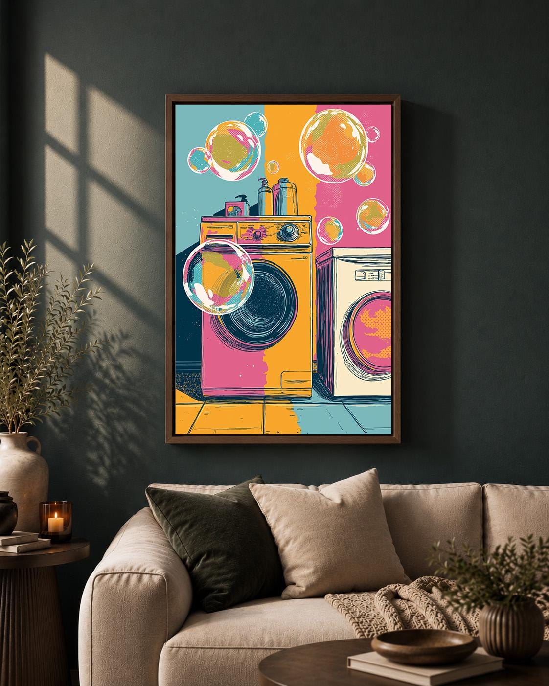Retro Laundry Room Framed Canvas Art, Vintage Washing Machine Pop Art Print by The Wall Art Studio - physical