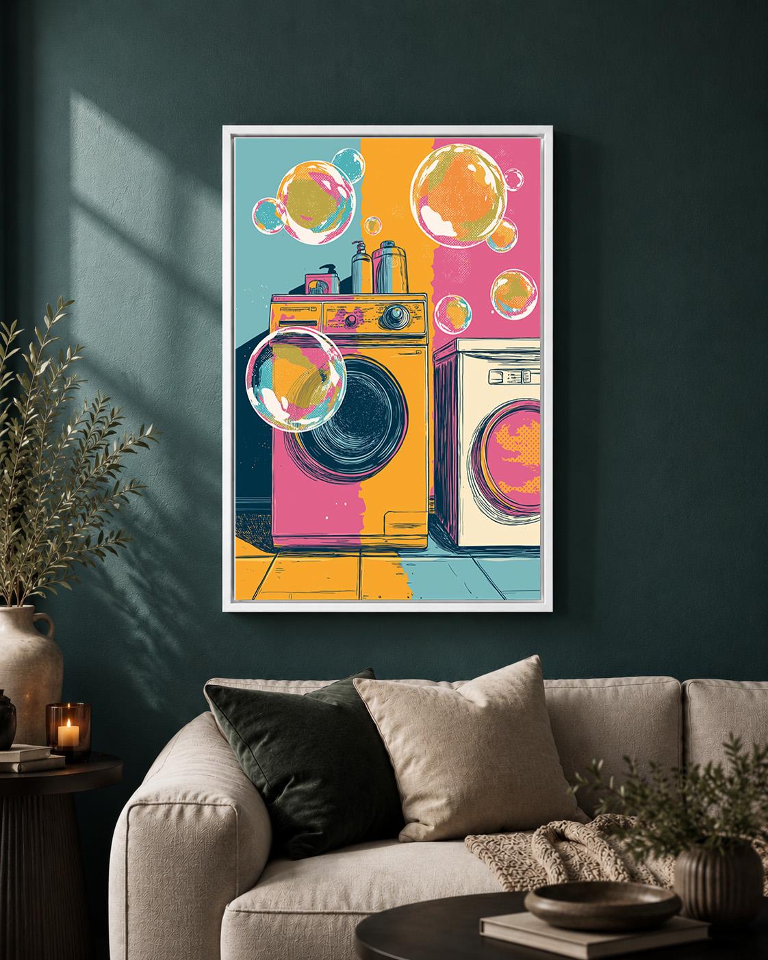 Retro Laundry Room Framed Canvas Art, Vintage Washing Machine Pop Art Print by The Wall Art Studio - physical