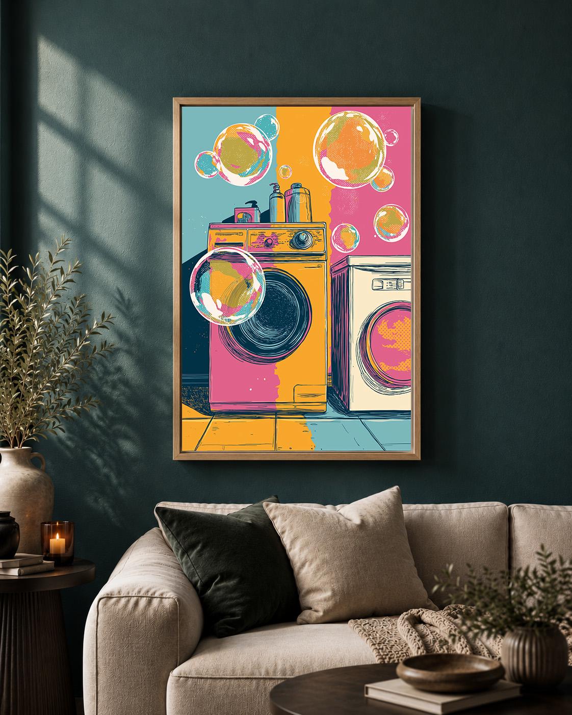 Retro Laundry Room Framed Canvas Art, Vintage Washing Machine Pop Art Print by The Wall Art Studio - physical