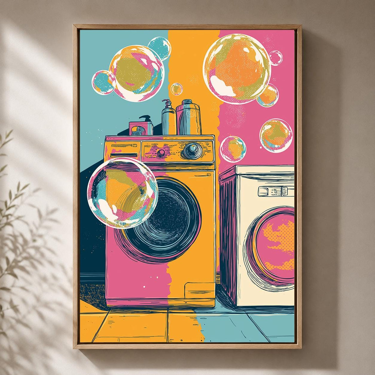 Retro Laundry Room Framed Canvas Art, Vintage Washing Machine Pop Art Print by The Wall Art Studio - physical