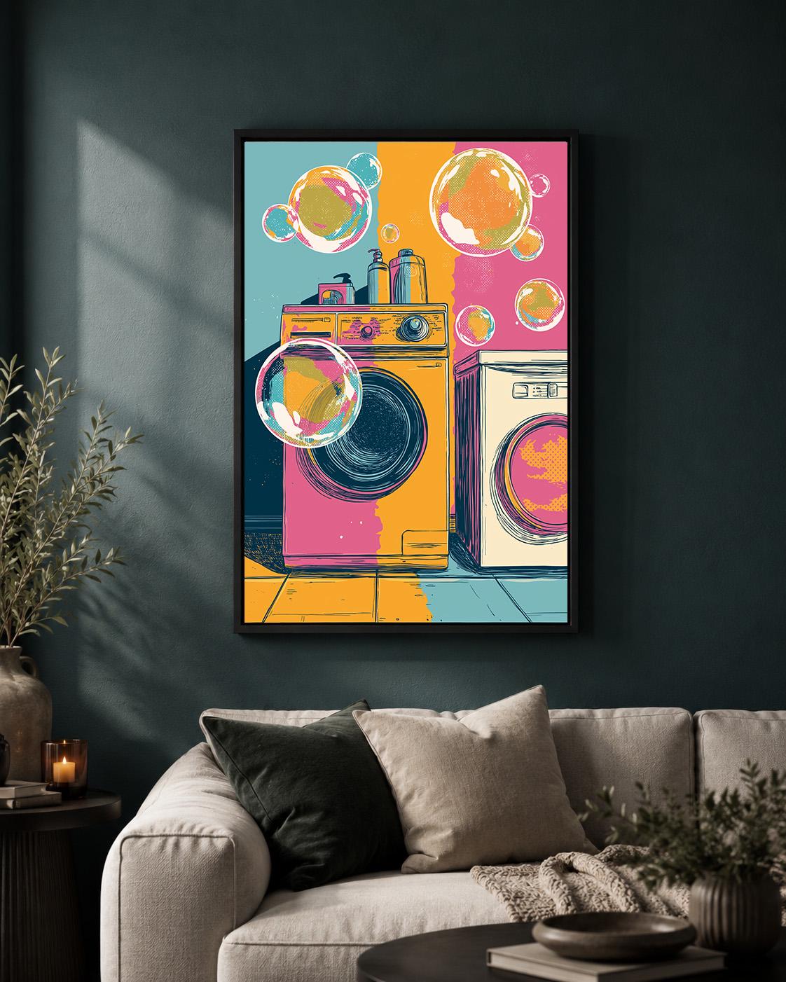 Retro Laundry Room Framed Canvas Art, Vintage Washing Machine Pop Art Print by The Wall Art Studio - physical