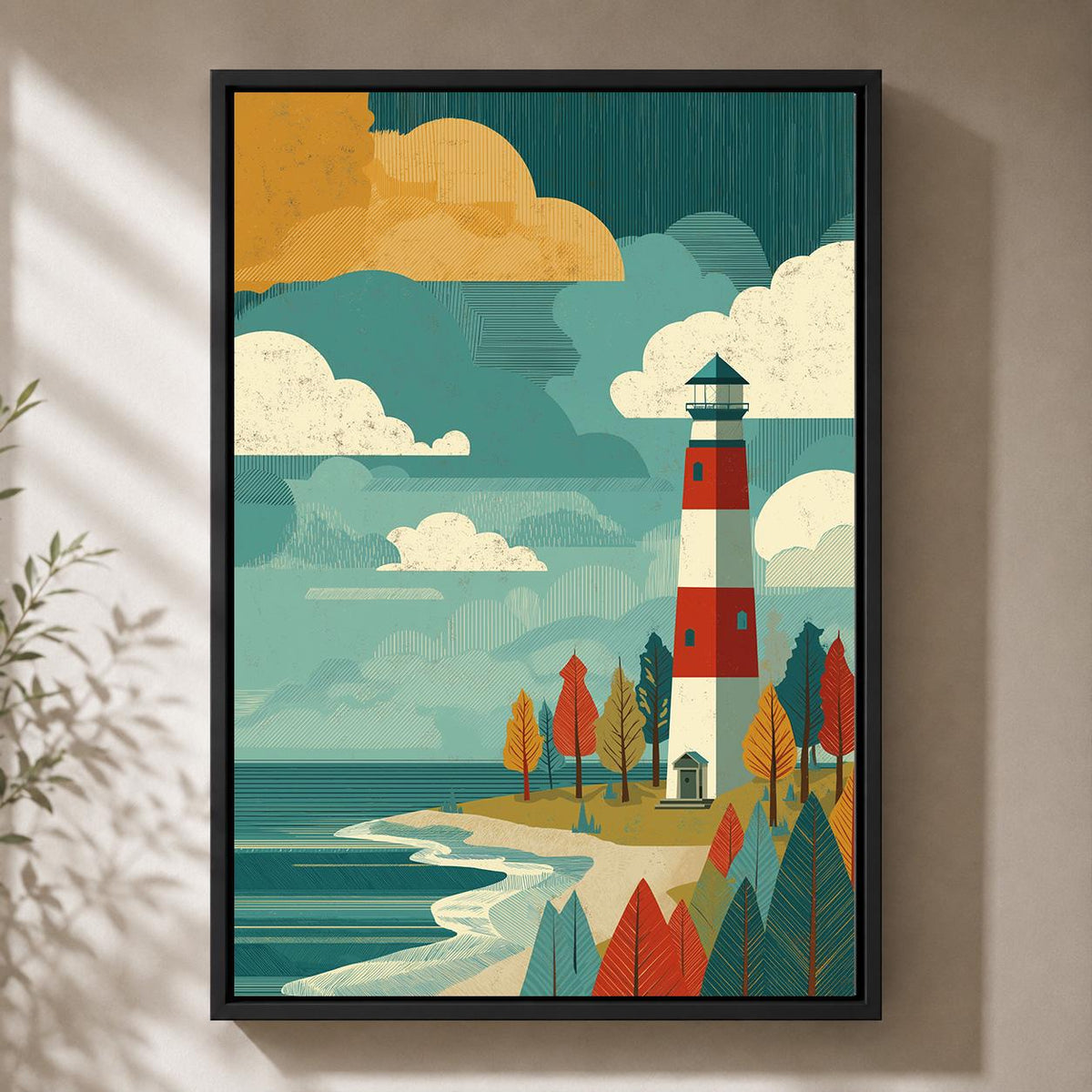 Retro Lighthouse Framed Canvas Art, Mid Century Coastal Landscape Print by The Wall Art Studio - physical