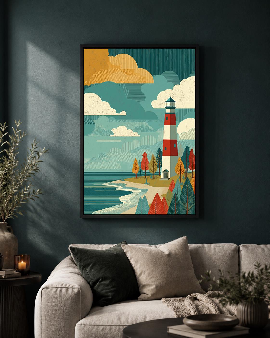 Retro Lighthouse Framed Canvas Art, Mid Century Coastal Landscape Print by The Wall Art Studio - physical