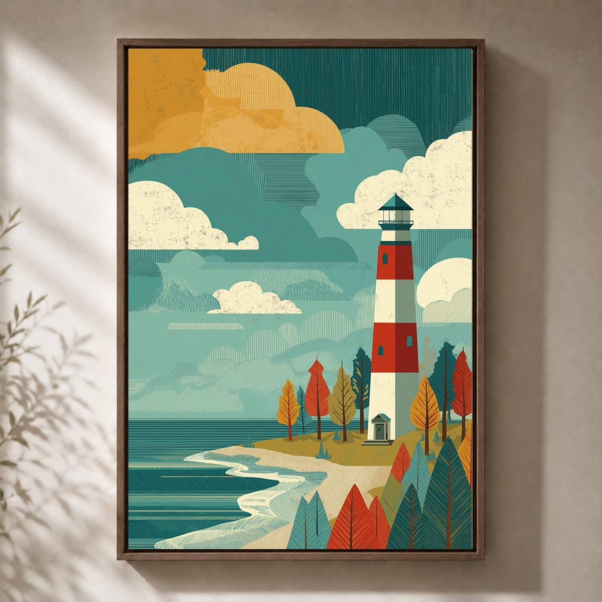 Retro Lighthouse Framed Canvas Art, Mid Century Coastal Landscape Print by The Wall Art Studio - physical