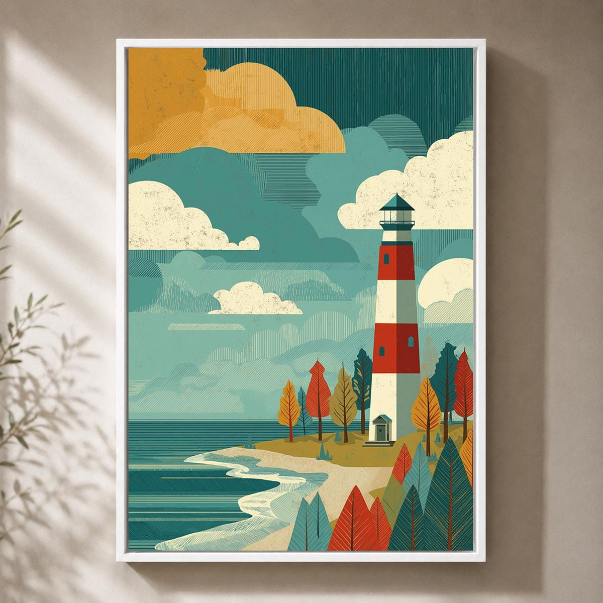 Retro Lighthouse Framed Canvas Art, Mid Century Coastal Landscape Print by The Wall Art Studio - physical