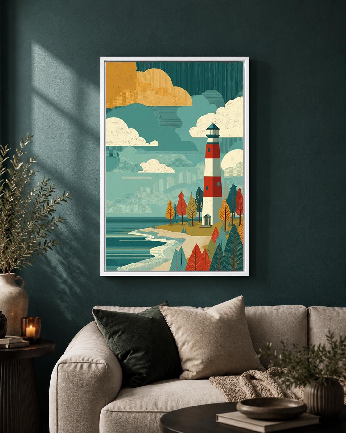 Retro Lighthouse Framed Canvas Art, Mid Century Coastal Landscape Print by The Wall Art Studio - physical