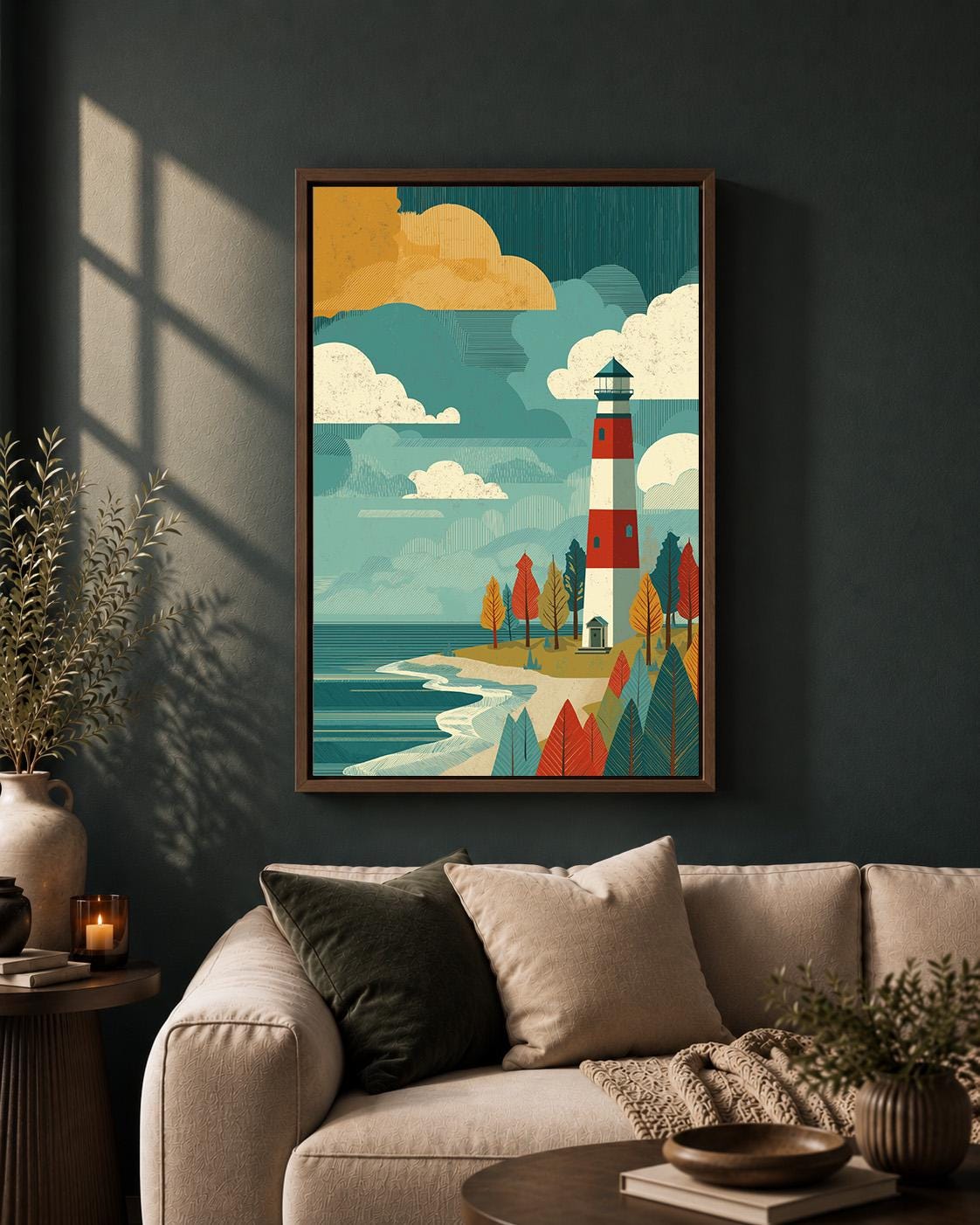Retro Lighthouse Framed Canvas Art, Mid Century Coastal Landscape Print by The Wall Art Studio - physical