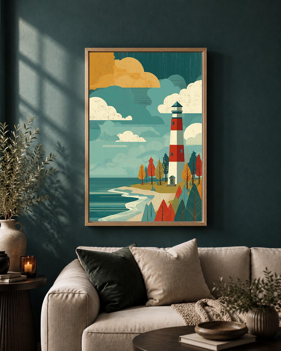 Retro Lighthouse Framed Canvas Art, Mid Century Coastal Landscape Print by The Wall Art Studio - physical