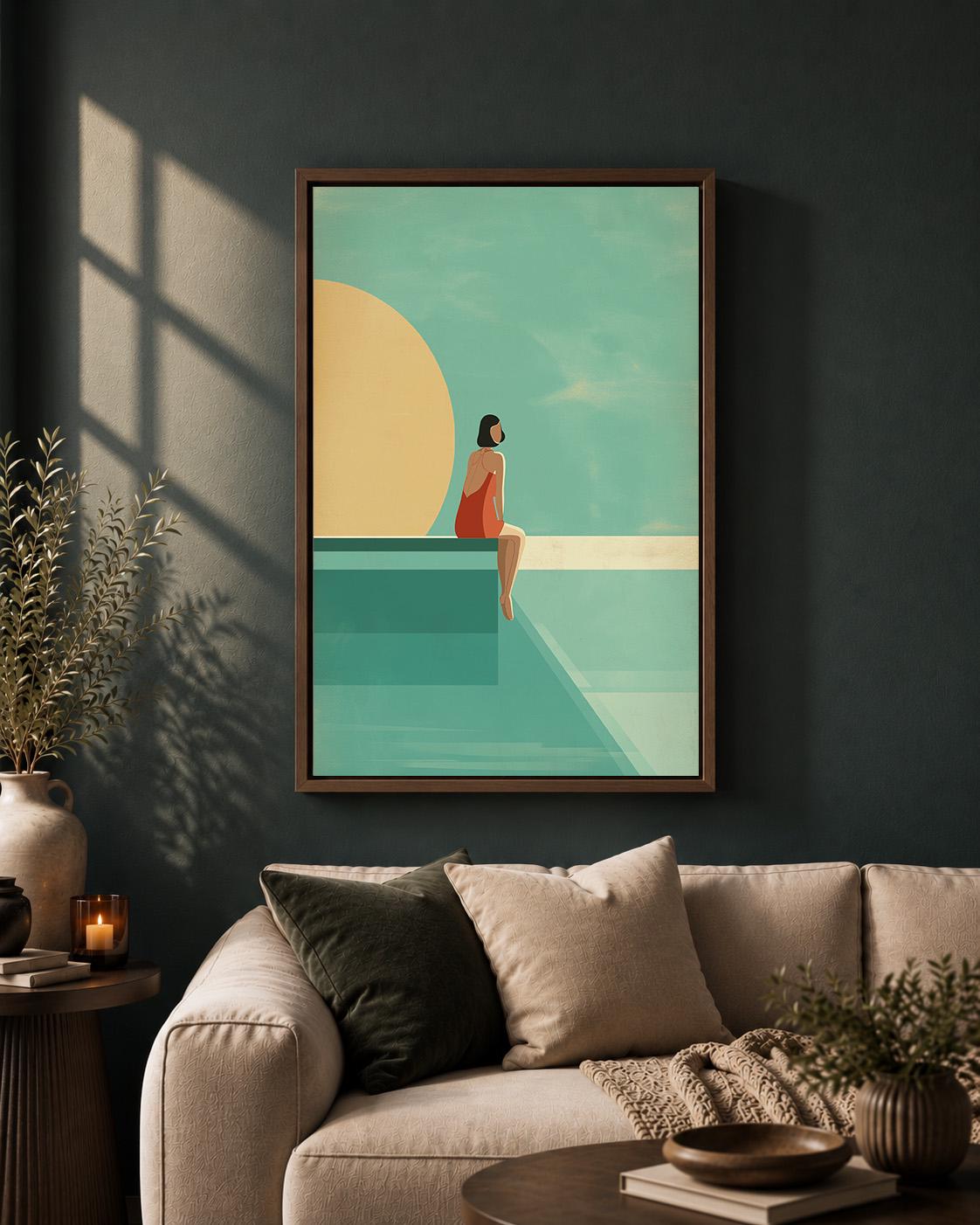 Retro Poolside Framed Canvas Art, Mid Century Summer Print, Coastal Artwork by The Wall Art Studio - physical