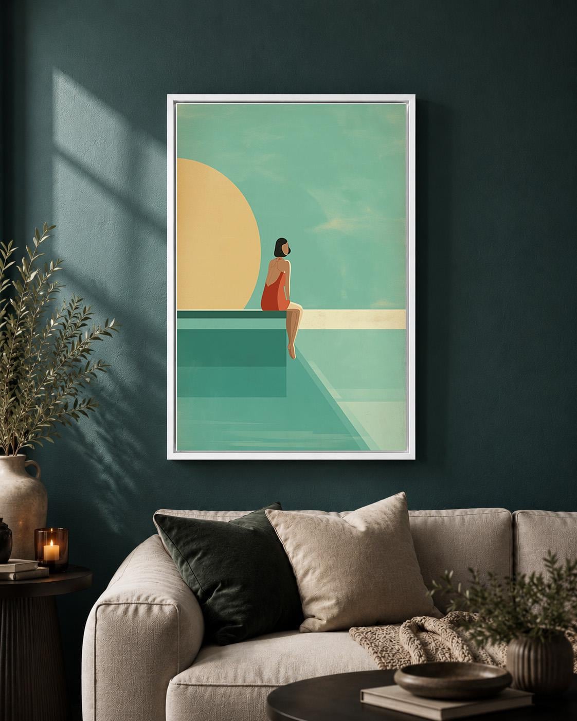 Retro Poolside Framed Canvas Art, Mid Century Summer Print, Coastal Artwork by The Wall Art Studio - physical