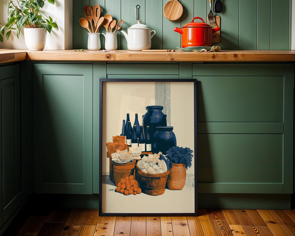 Rustic Mediterranean Pantry Print, Garlic Wine Kitchen Art, Italian Farmhouse Decor Poster (Framed Option) by The Wall Art...